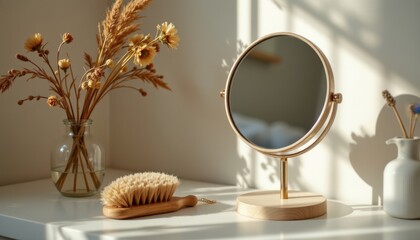minimal self care setup with dry brush and mirror