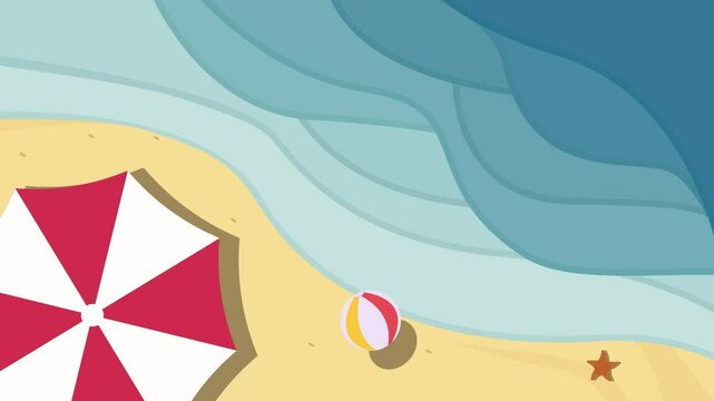 ocean beach cartoon animation backgrounds video . minimalist island at nature landscape with wave and umbrella and ball animated motion graphic illustration design