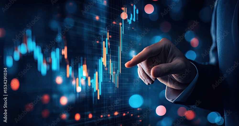Poster a hand points to a financial graph on a digital interface