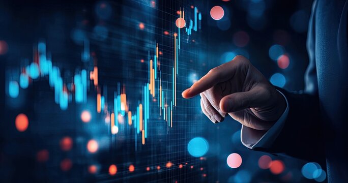 A hand points to a financial graph on a digital interface