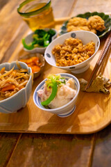 日本の家庭料理_豆腐に味ご飯と唐揚げ定食