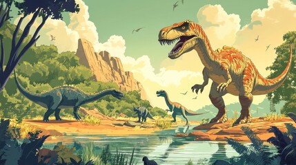Prehistoric landscape with various dinosaurs near a watering hole, under a sunny sky.