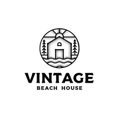 Lakeside Cabin Logo – Vintage Style Design with Wooden House and Pine Forest Illustration