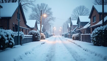 Fototapeta premium Snowy residential street scene with houses, trees, street lights, winter season.