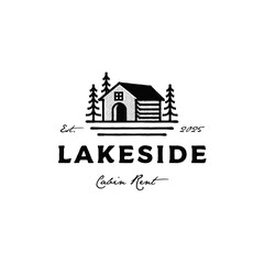 Lakeside Cabin Logo – Vintage Style Design with Wooden House and Pine Forest Illustration