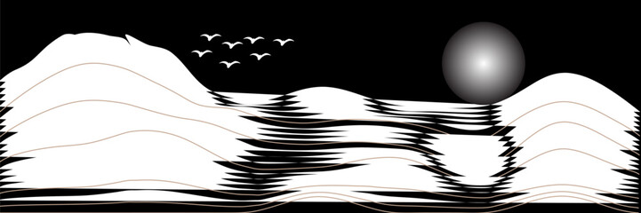 Vector abstract art landscape mountain with birds and sunrise sunset by golden line art texture isolated on dark grey black background. Minimal luxury style for wallpaper, wall art decoration.Eps10