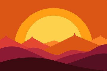 Sunset landscape with minimalist mountains
