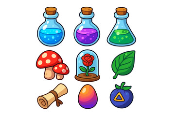Colorful potion bottles, mushrooms, and mystical elements in a flat vector illustration for a fantasy theme