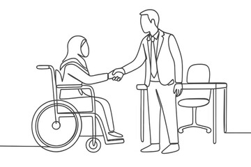 Business meeting between a woman in a wheelchair and a standing man in a suit shaking hands in an office setting