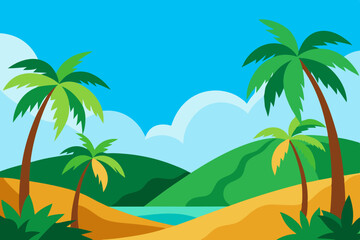 Tropical sunset landscape with palm trees and mountains