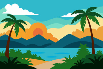 Tropical sunset landscape with palm trees and beach
