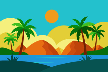 Tropical landscape with palm trees and mountains