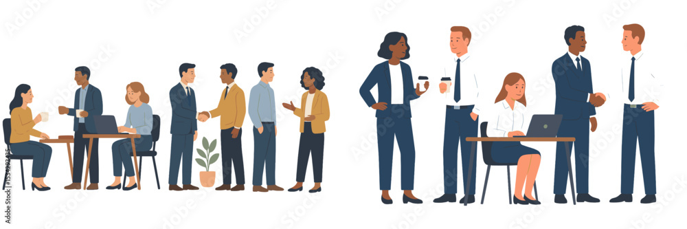 Poster corporate teamwork and collaboration in a modern office setting with diverse professionals interacti