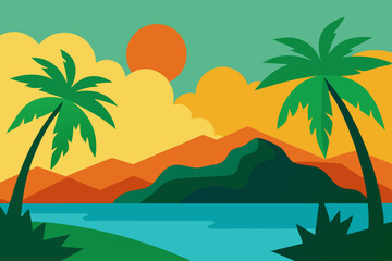 Tropical sunset landscape with palm trees and mountains