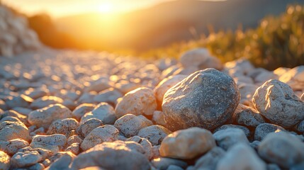 Stony path lit warmly at sunset