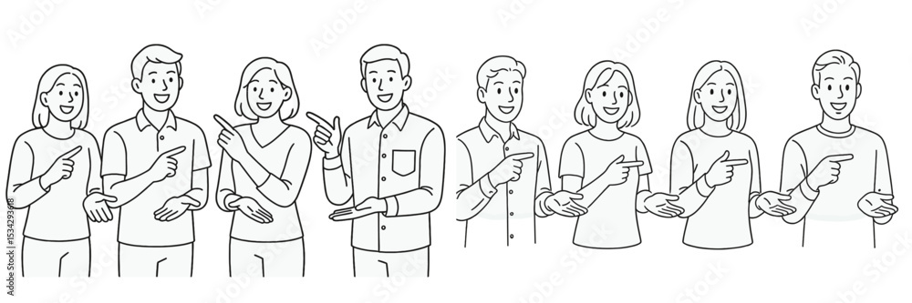Poster group of people pointing in different directions, illustrating teamwork and collaboration in a casua