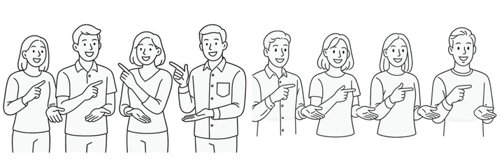 Fototapeta premium Group of people pointing in different directions, illustrating teamwork and collaboration in a casual setting