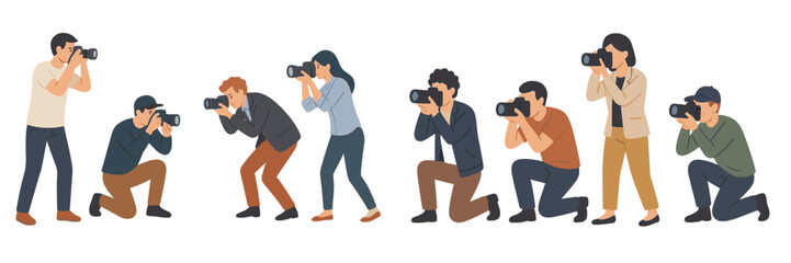 Professional photographers capturing moments in a vibrant urban setting during a sunny afternoon