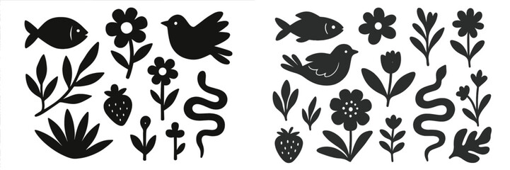 Flat vector illustration featuring black silhouettes of various plants, animals, and flowers in a whimsical design suitable for decorations