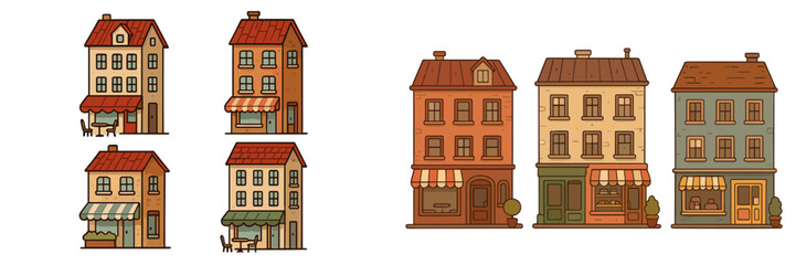 Charming flat vector illustration of cozy houses with storefronts and tables in a friendly neighborhood setting during daytime