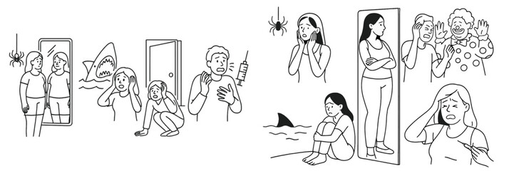 Fear manifests in various forms as seen in a series of illustrations depicting common phobias and anxieties