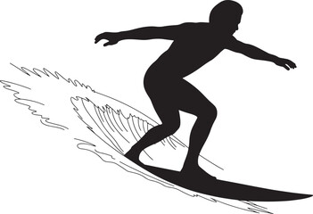 Silhouette of a surfer riding a wave on a surfboard against a white background