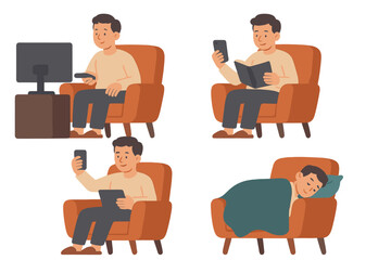 Man engaging in various relaxing activities at home during the evening