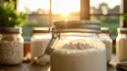Rustic kitchen scene showcasing glass jars filled with nutritious breakfast ingredients bathed in warm sunlight near the window - Powered by Adobe