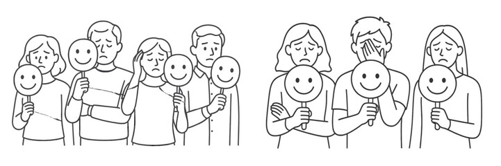 Diverse group of people expressing emotions through happy and sad masks during a community event