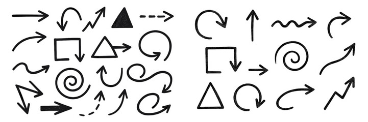 Various hand-drawn shapes and arrows illustrating movement and direction in a creative layout