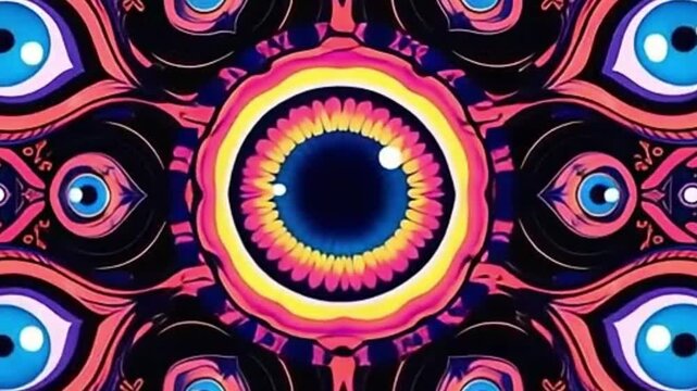 Kaleidoscopic abstract eye visuals in vector format, colorful and psychedelic

