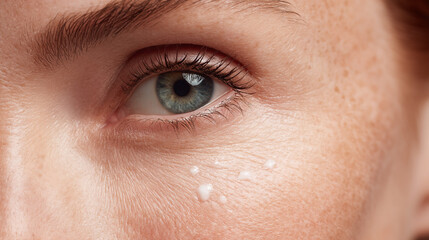 Fototapeta premium Close up of a person's eye with water droplets on their face and visible eyelashes and eyebrow