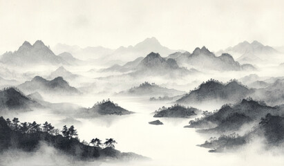 Clouds and mist shroud the mountains and waters