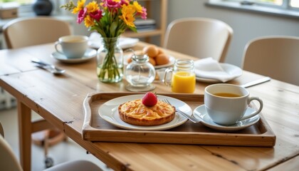 Fototapeta premium breakfast table setting with wooden tray