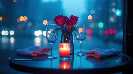 Table set with roses, candle, glasses, rainy window