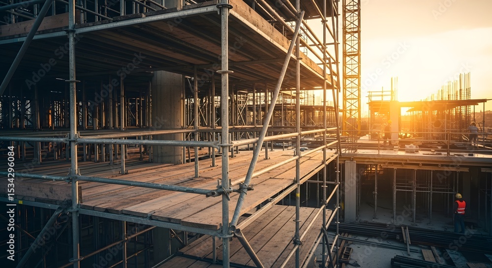 Poster construction site with scaffolding under a golden sunset creating a dynamic industrial landscape sho