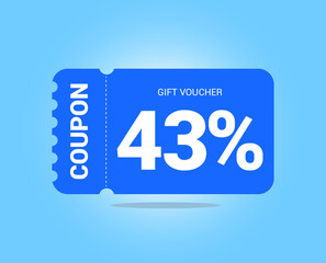 43% coupon promotion sale. Forty three percent Vector Gift Voucher. Blue discount, lucky ticket, special offer promo. Web, shopping label, percent sign. Special price offers.