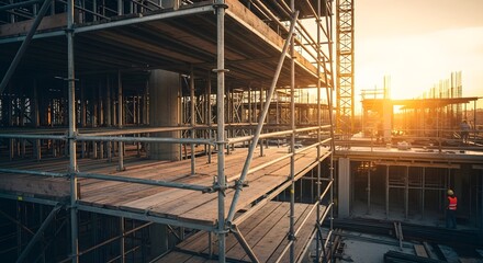 Construction site with scaffolding under a golden sunset creating a dynamic industrial landscape showing structural framework and new build progress