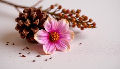 pine cone and dried flower on soft backdrop