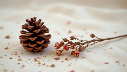pine cone and dried flower on soft backdrop