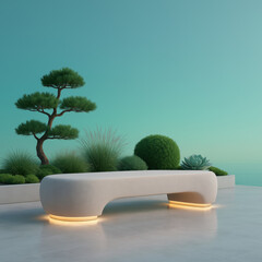Modern bench minimalist garden glowing light bonsai tree ornamental grass outdoor serene tranquil contemporary style