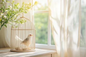 Fototapeta premium a bird cage beside a creative studio desk with beige accents, summer breeze moving sheer curtains in background 