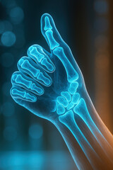 X ray image of human hand showing bones, thumb up gesture, blue glowing effect, medical and anatomical concept