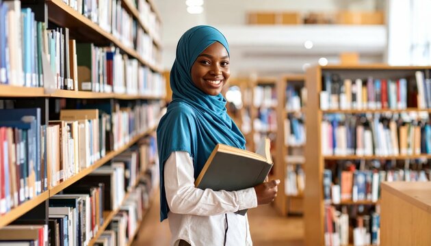 Estudiantes Musulmanas Leyendo y Estudiando en la Biblioteca, Generated image - Powered by Adobe