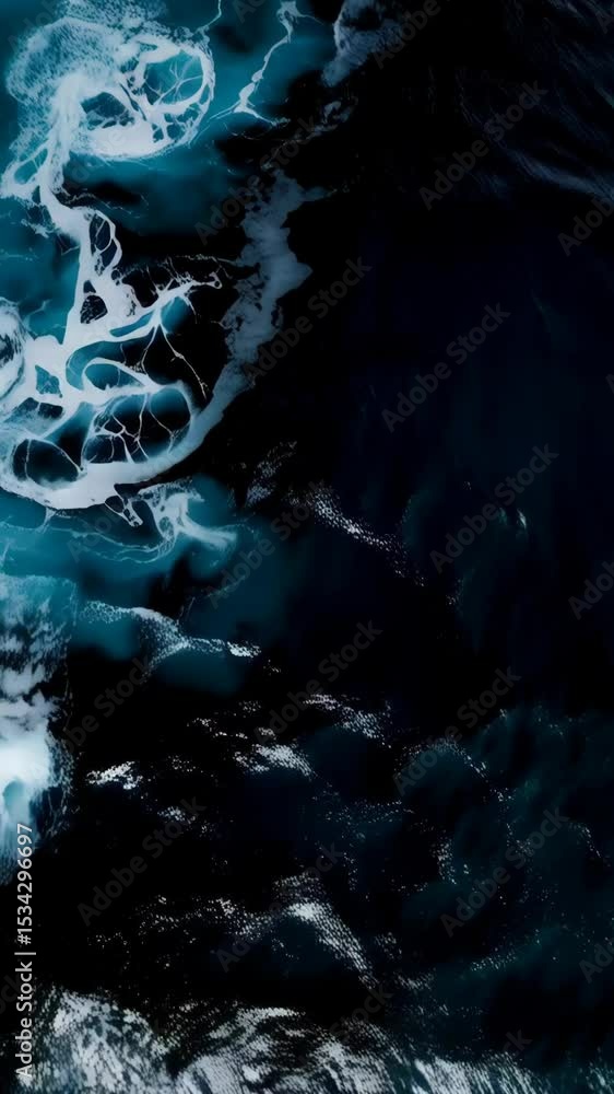 Poster overhead aerial view of abstract white foam swirling across the surface of deep turquoise and blue o