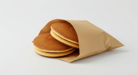 Japanese dorayaki pancake duo packed in kraft dessert pouch isolated on a white background for food photography, packaging and shopping concepts