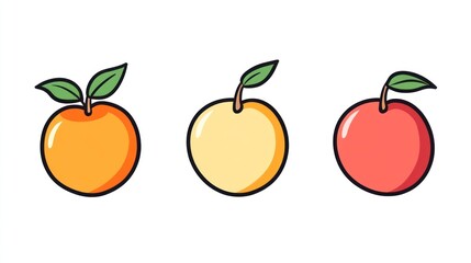 Three stylized cartoon fruits, different colors