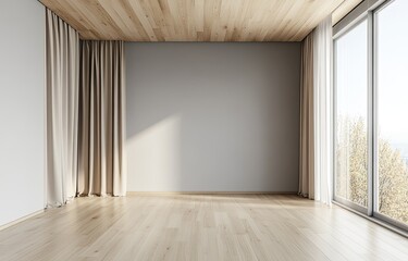 Fototapeta premium Empty room with wooden accents and large windows