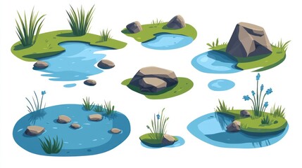 Assorted pools of water with rocks and grass.  A collection of miniature landscapes