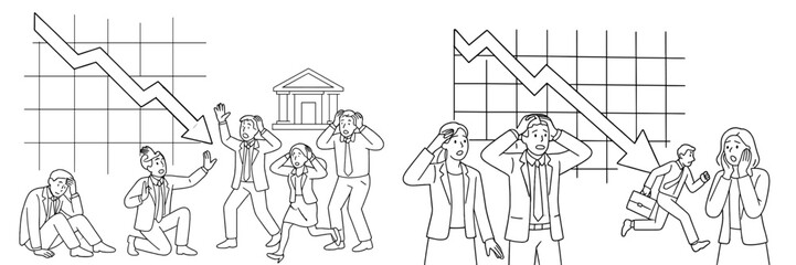 Business professionals reacting to economic downturn during a financial crisis in a corporate environment